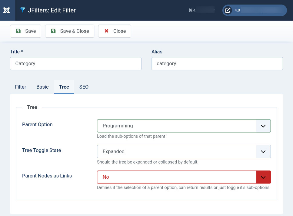 JFilters Filter Tree settings